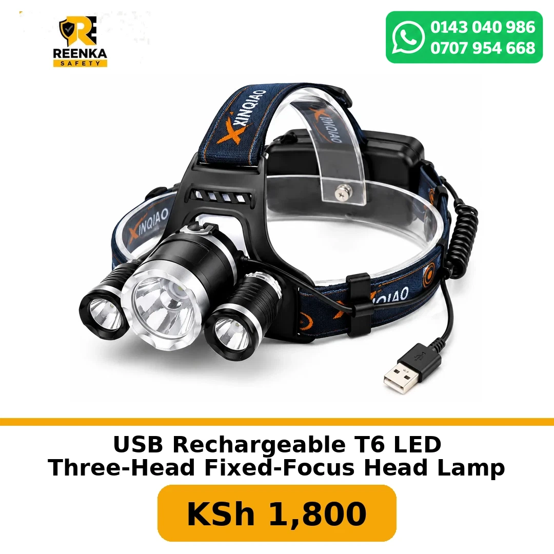 USB Rechargeable T6 LED Three-Head Fixed-Focus Head Lamp More Safety Products branded catalogue image, Reenka Safety Kenya