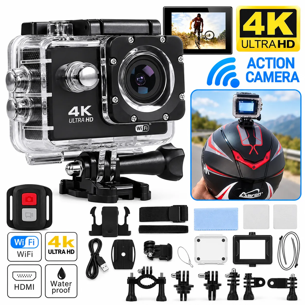4K HD Water Resistant Sport Camera with Waterproof Casing motorcycle rider product at Reenka Safety
