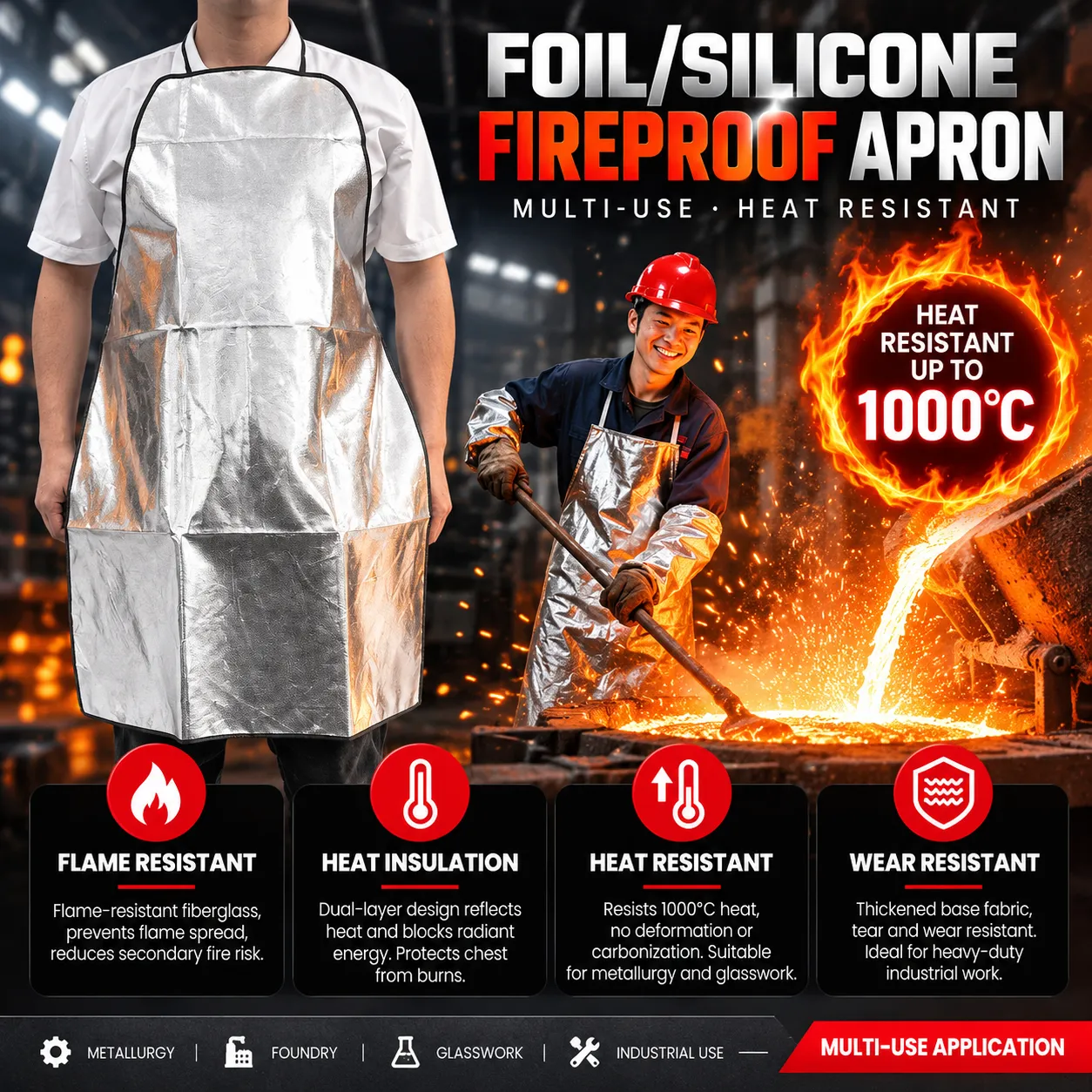 Industrial Aluminised Foil Fireproof Apron 95 × 65 cm, 1000°C