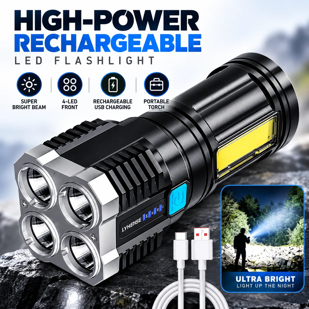 Super Bright 4-LED Rechargeable Flashlight