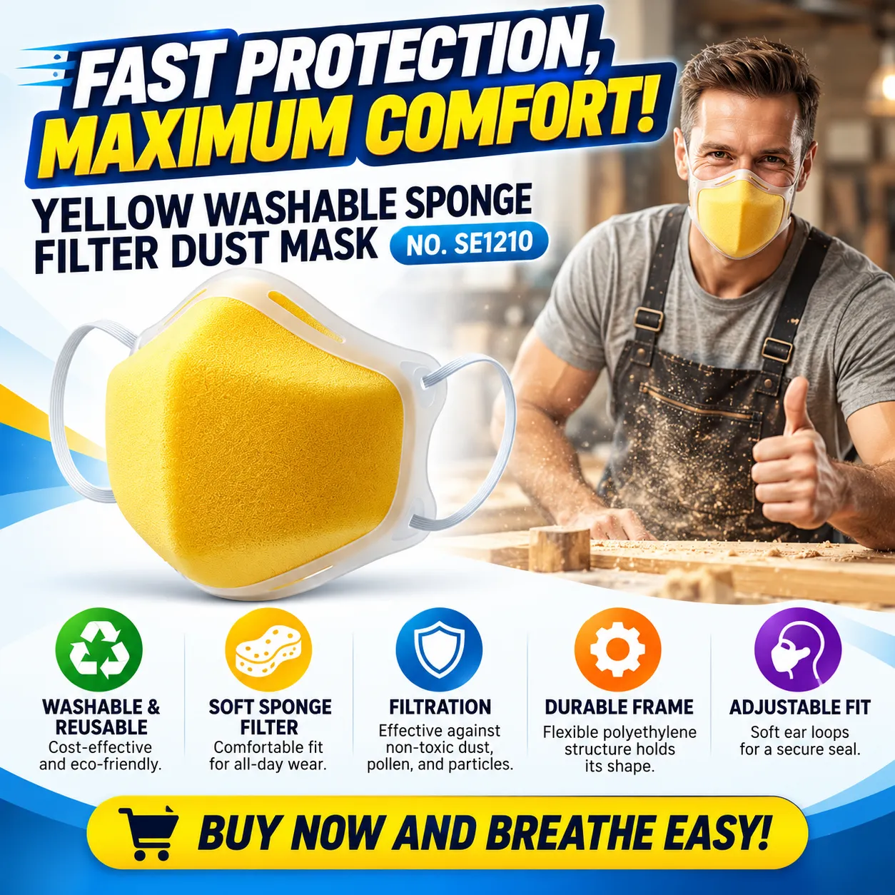 Yellow Washable Sponge Filter Dust Mask SE1210