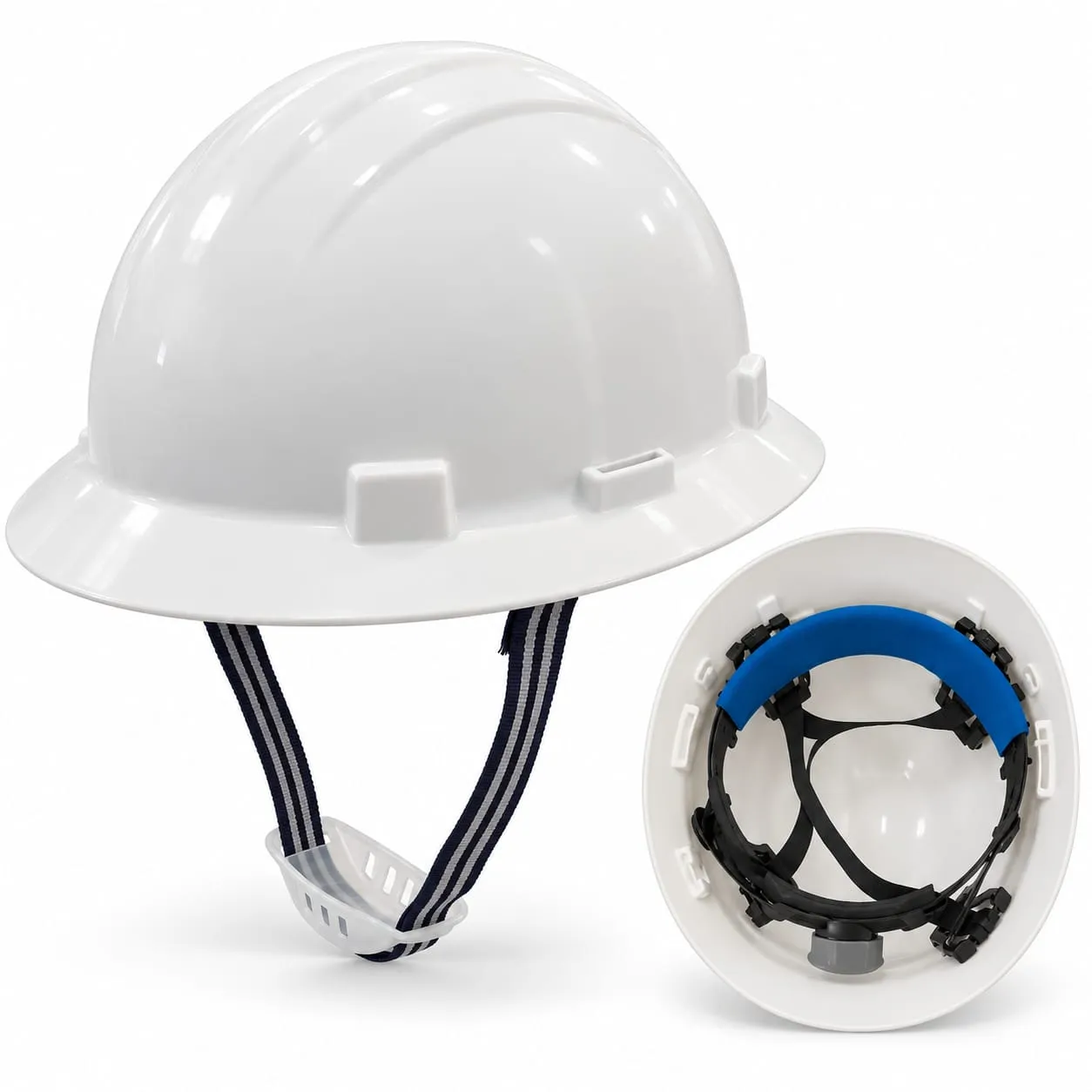 Full-Brim Industrial Safety Helmet with Chin Strap and Adjustable Suspension